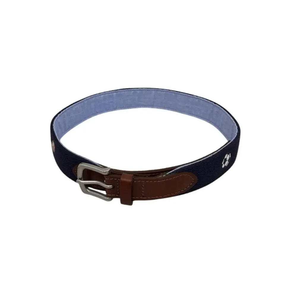 Vineyard Vines Multisport Embroidered Belt Blue Brown Leather Size Youth Medium